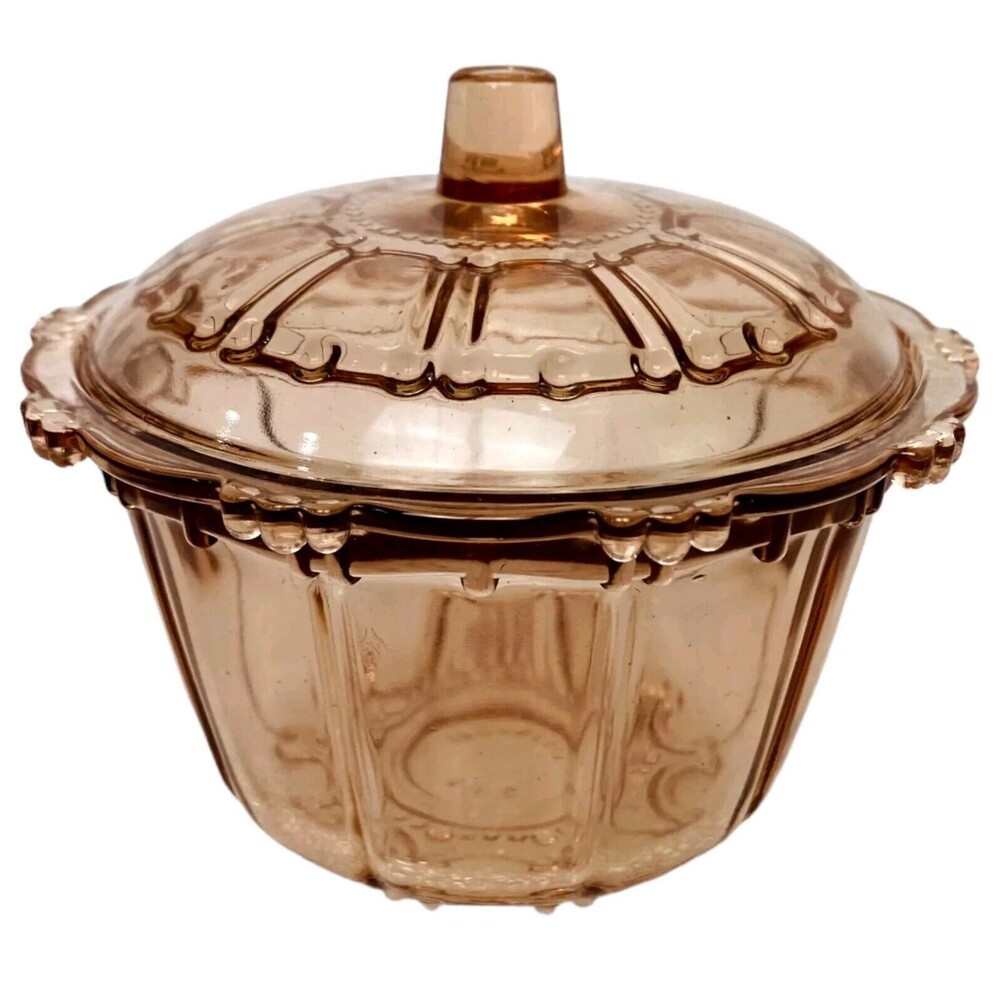 Candy Bowl Sugar Dish Vintage KIG Indonesia Pink Glass Lid Oyster Pearl Pattern